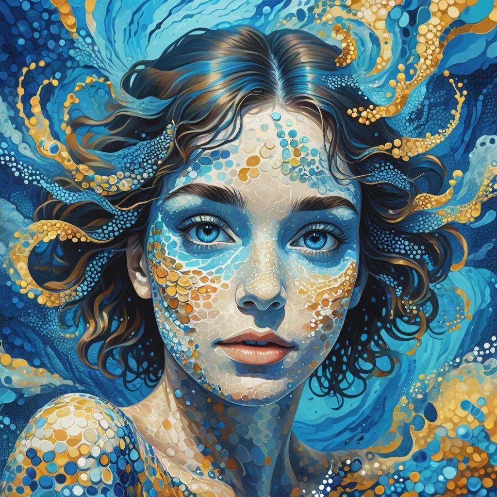 Pointillist Woman Swimming in a Blue Pool