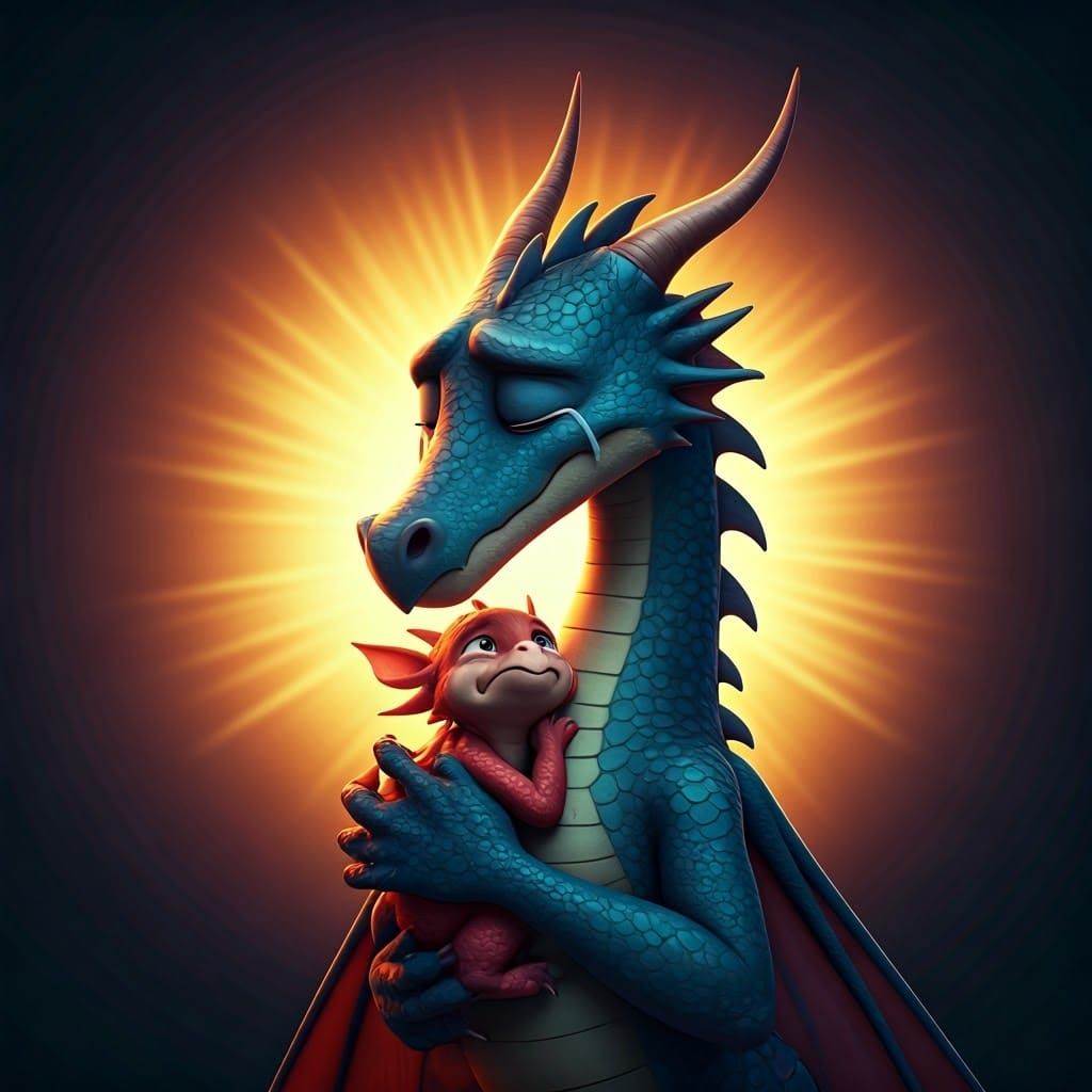 Mother Dragon Comforts Her Young in a Bright, Cinematic Scen...