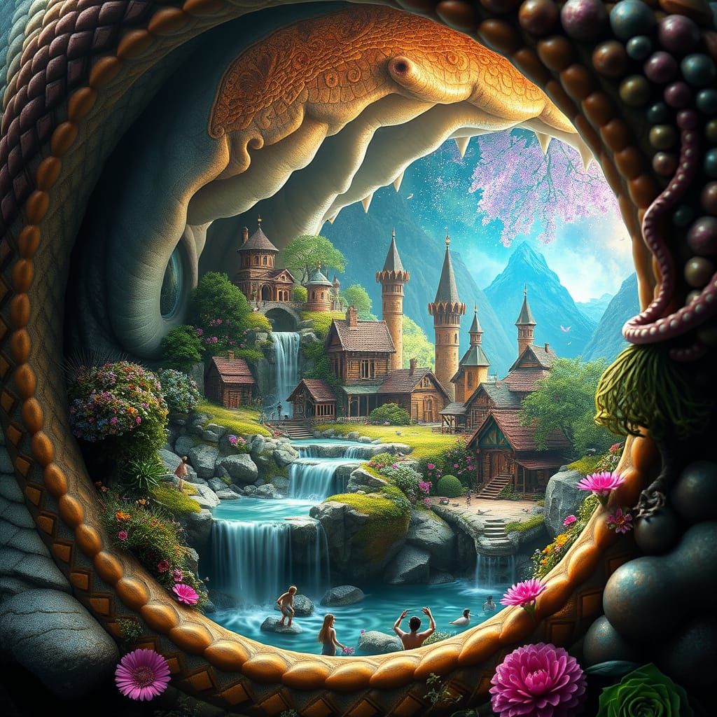 Fairy Village Inside Ornate Snake Eye: Fantasy Art