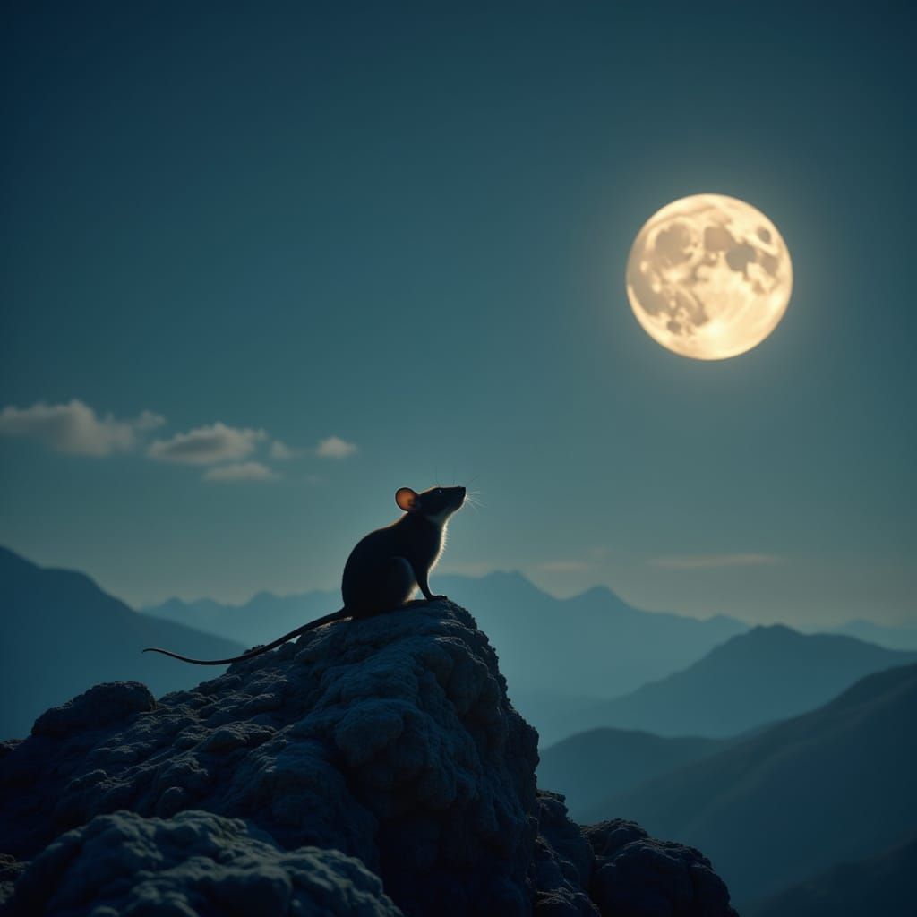 Mystical Moonlit Mouse Perched on a Mountain Peak