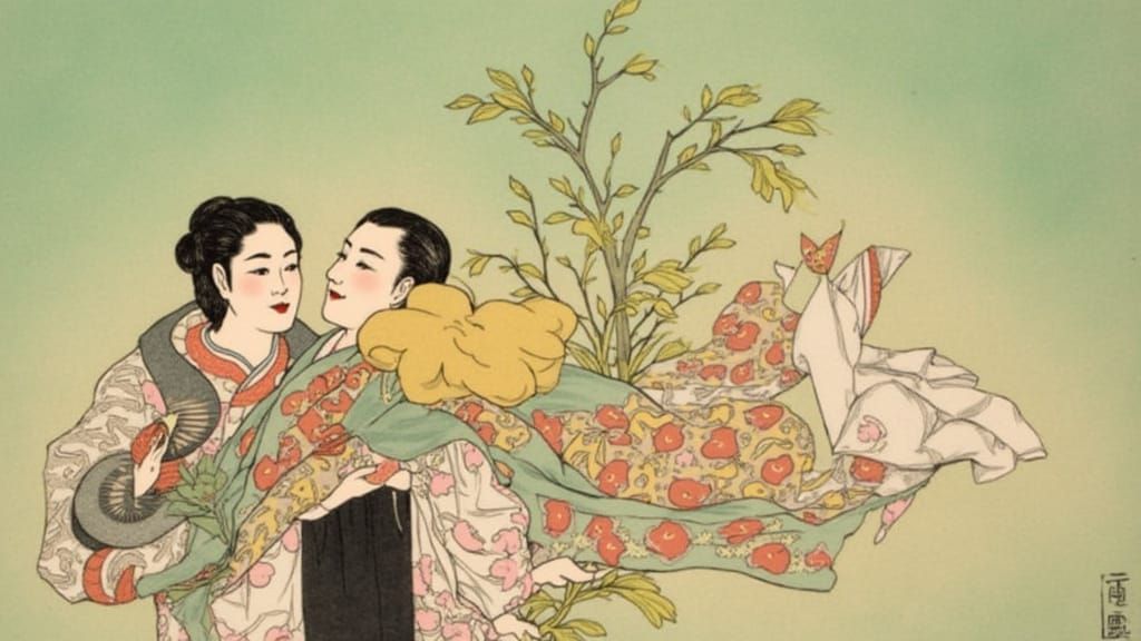 Japanese Woodblock Print of Figures in Embrace