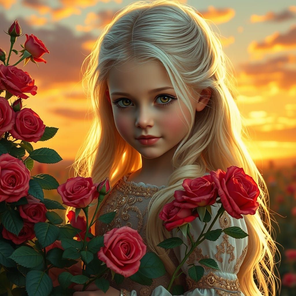 Medieval Princess Collects Roses in Sunset Glow