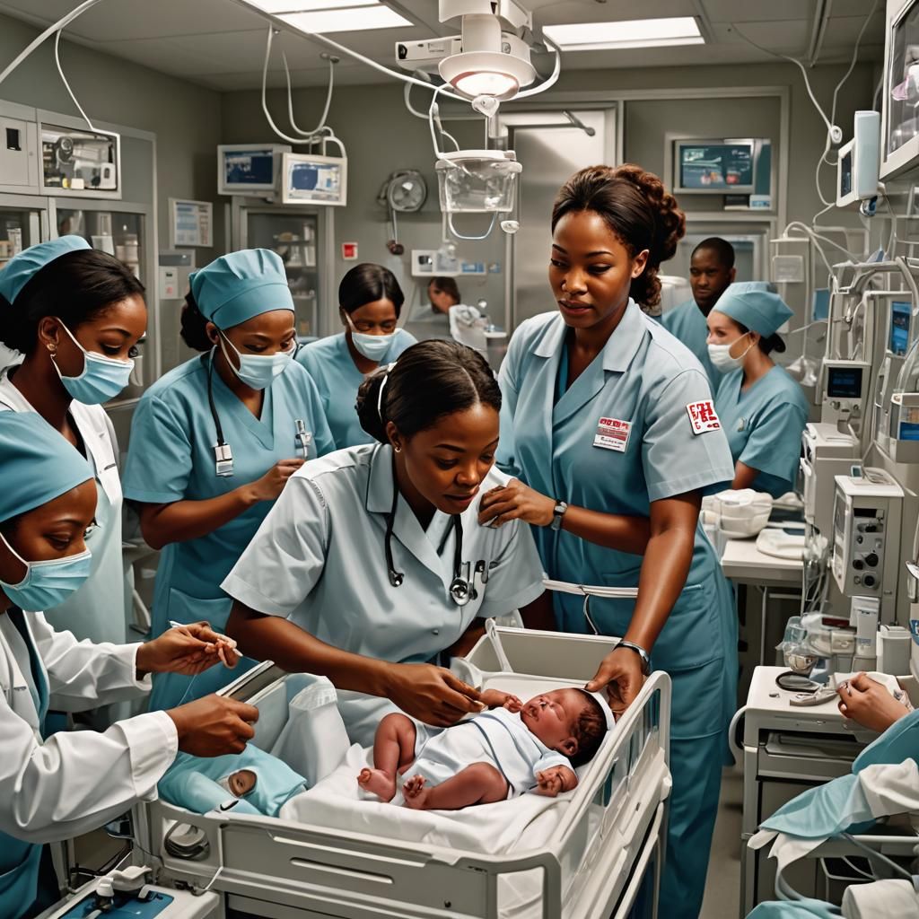 Black Nurse Attending to Premature Newborn