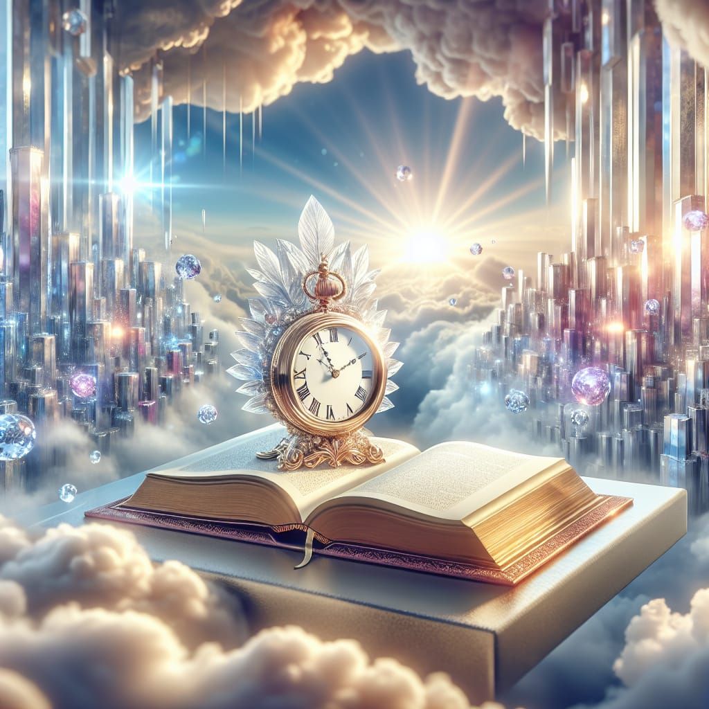 Ethereal Crystal Clock and Golden Book Above City