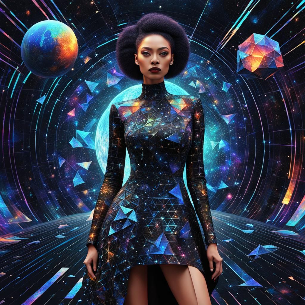 Space, completely black, 3D batik, prismatic, pop art, holographic. crazy fashion model with binary stars dress with pla...