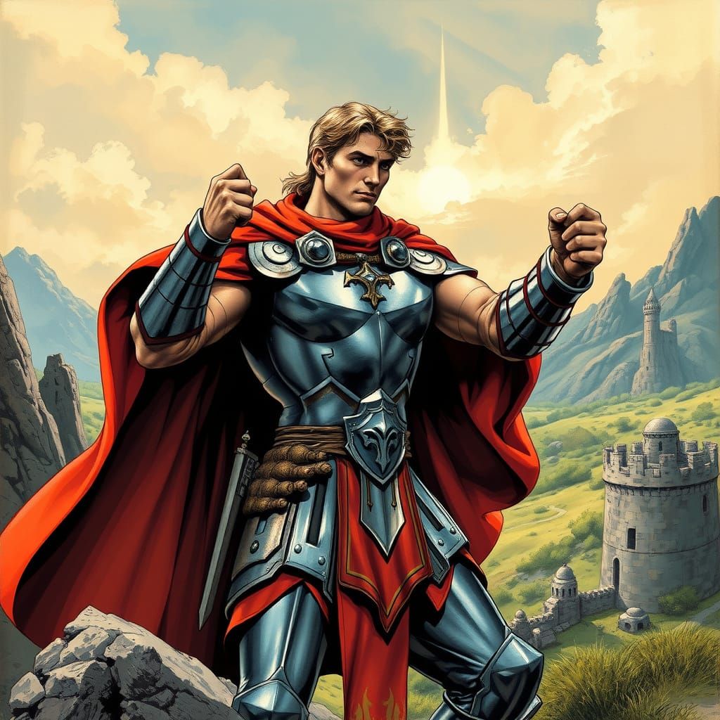 Medieval Prince Valiant in Heroic Armor Pose