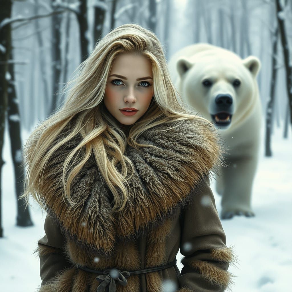 Blonde Model Confronts Scary Polar Bear in Snowy Horror Scen...