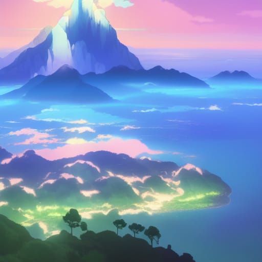 Anime Sky Islands with Mountain Backdrop