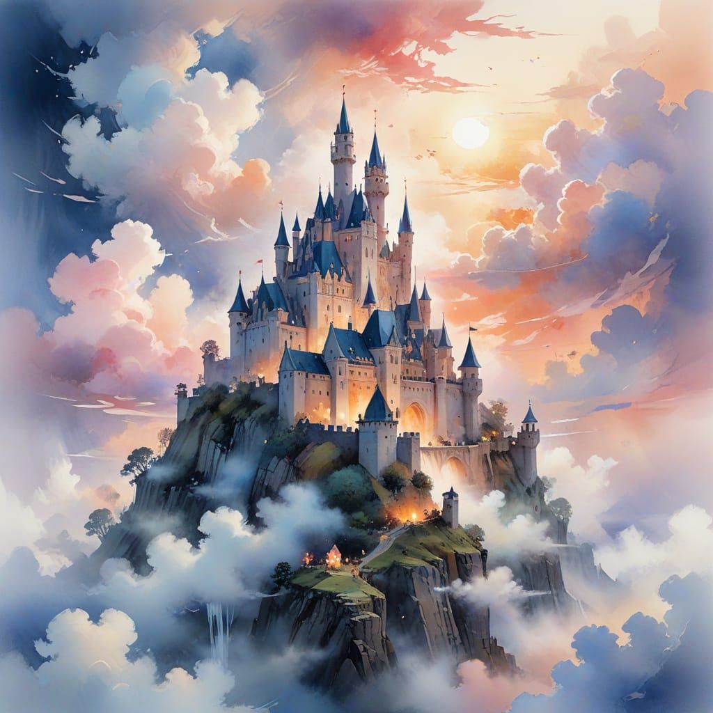 Fantasy Castle Floating in Pastel Sky Watercolor
