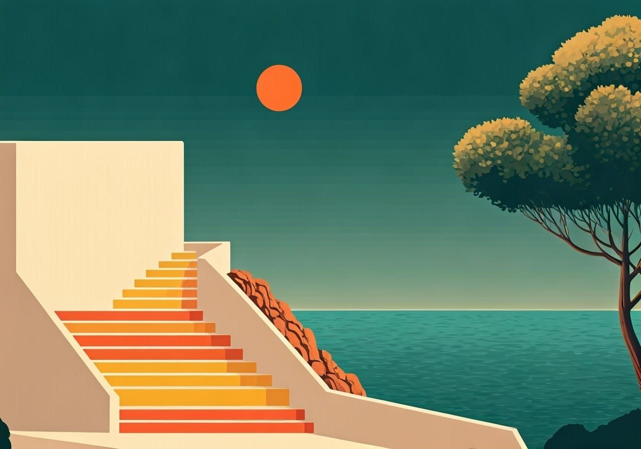 Futuristic Mediterranean Oasis in Minimalist Digital Art