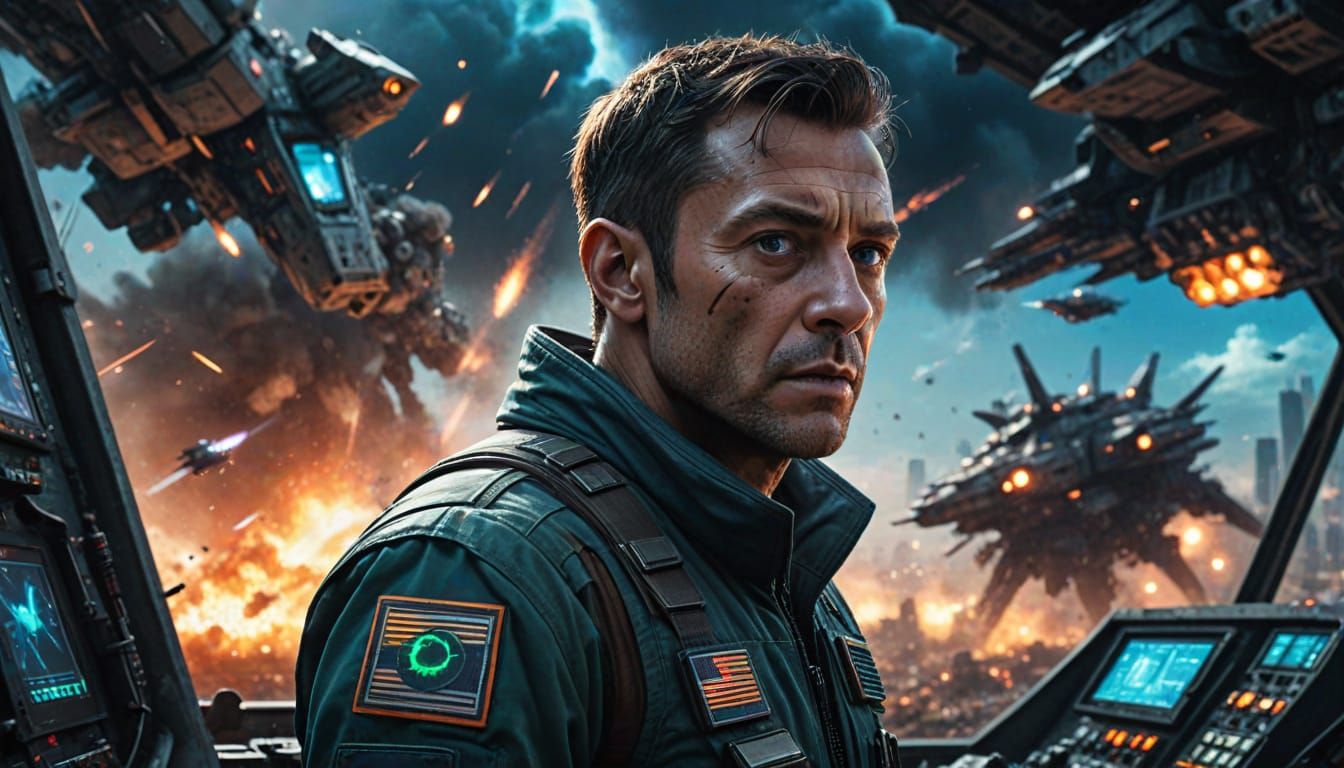 Determined Commander Stands Tall Amidst Alien Invasion