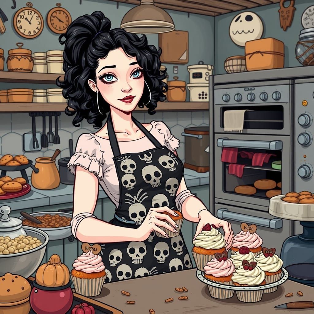 Whimsical Witch Bakes in a Colorful Kitchen