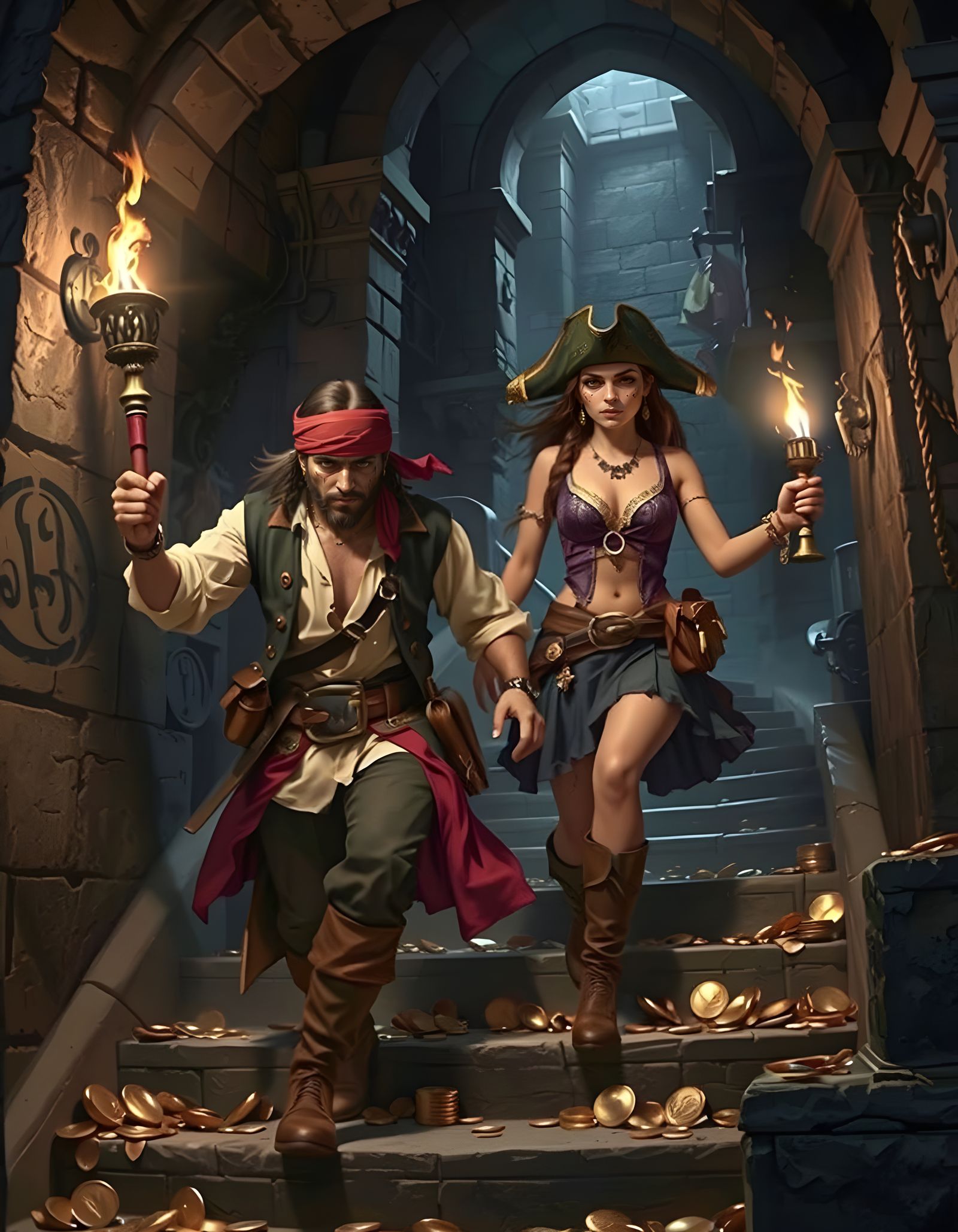 Pirate and Rogue in Crypt of Gold: Fantasy Illustration