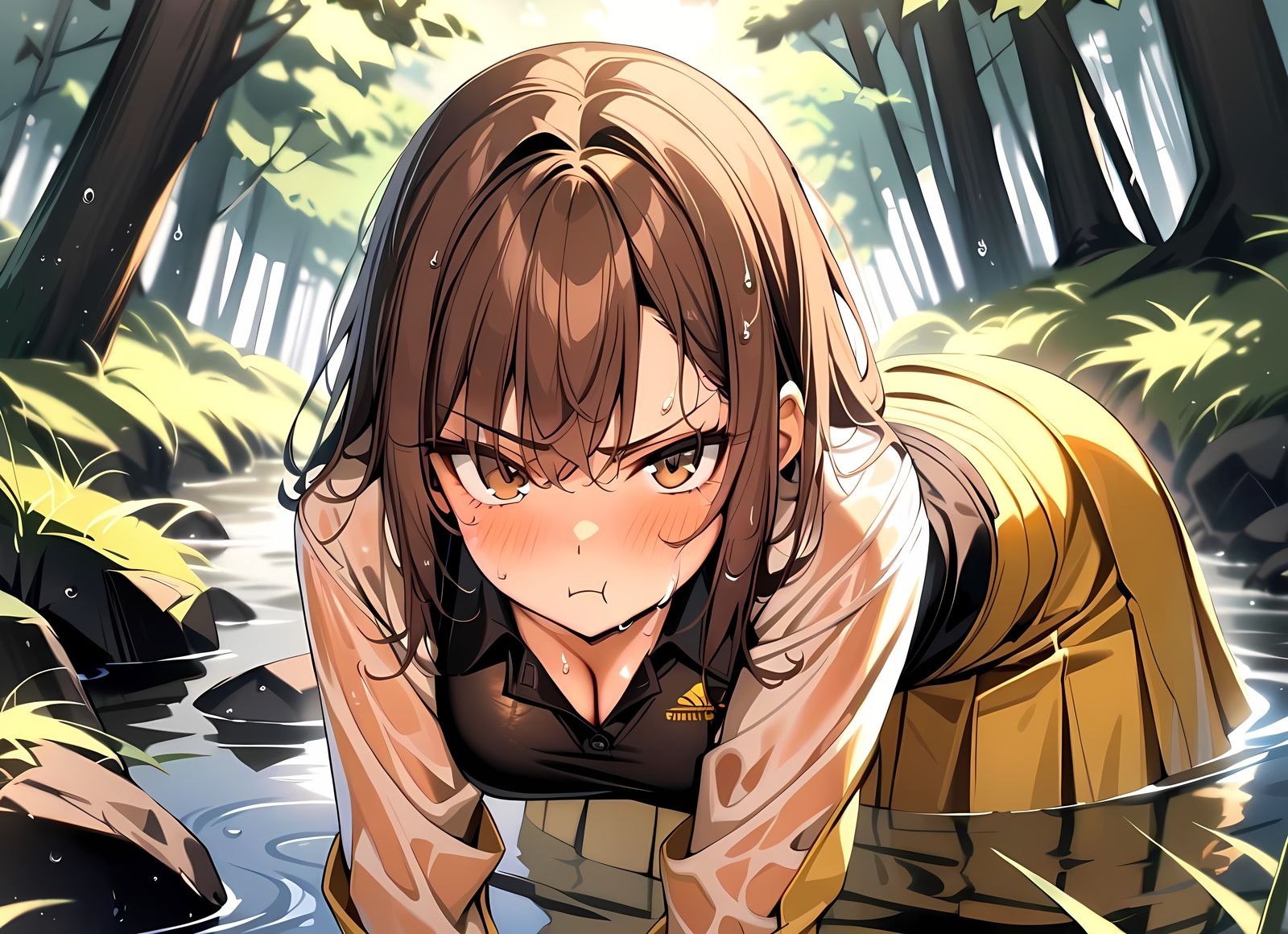 Girl Crawling in Stream with Angry Pout