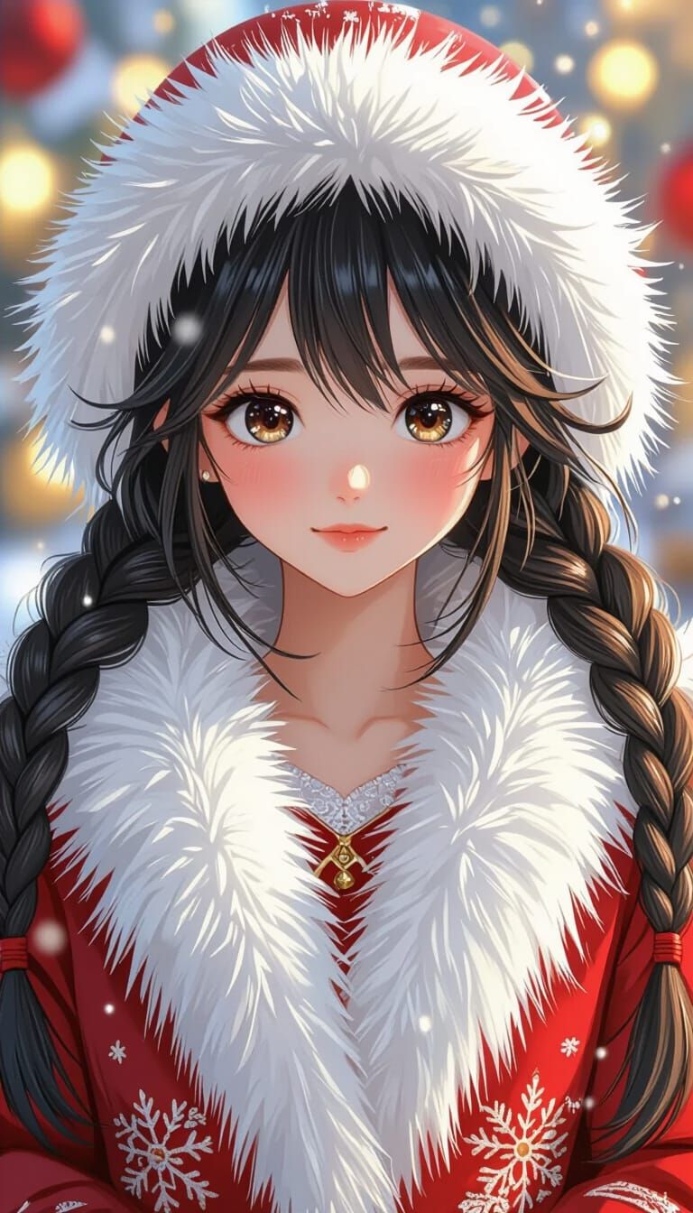 Anime Girl with Expressive Eyes in Red Fur Coat