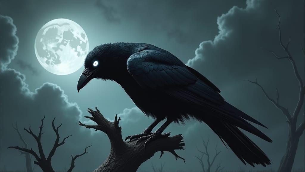 Menacing Crow Perched on Barren Tree
