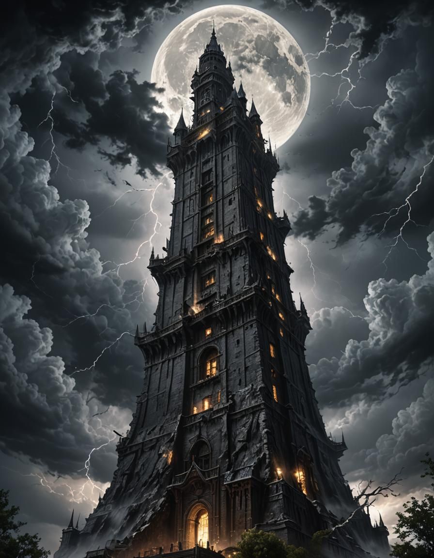 Foreboding Black Tower Under a Full Moon