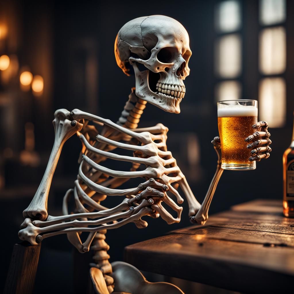 Hyperrealistic Skeleton Enjoys a Cold Beer