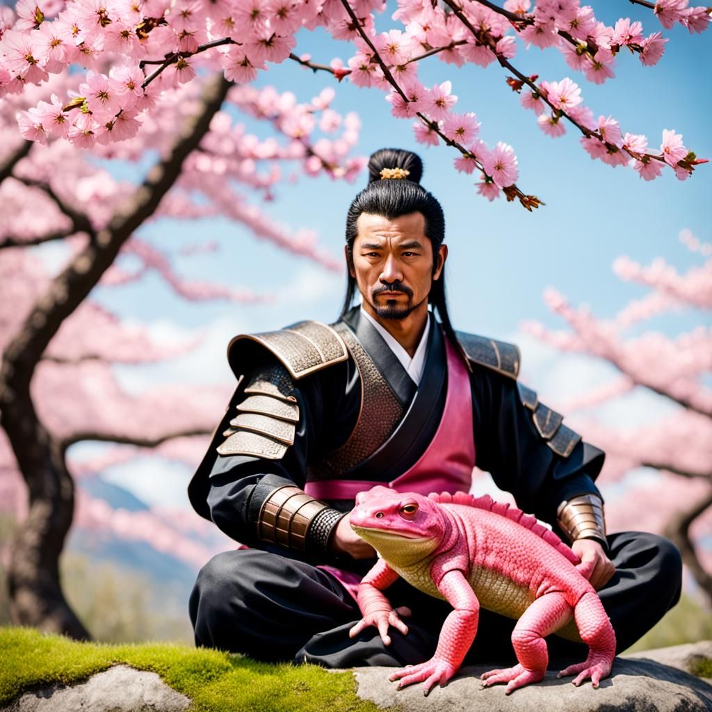 Spring Samurai and Giant Salamander in Cherry Blossom