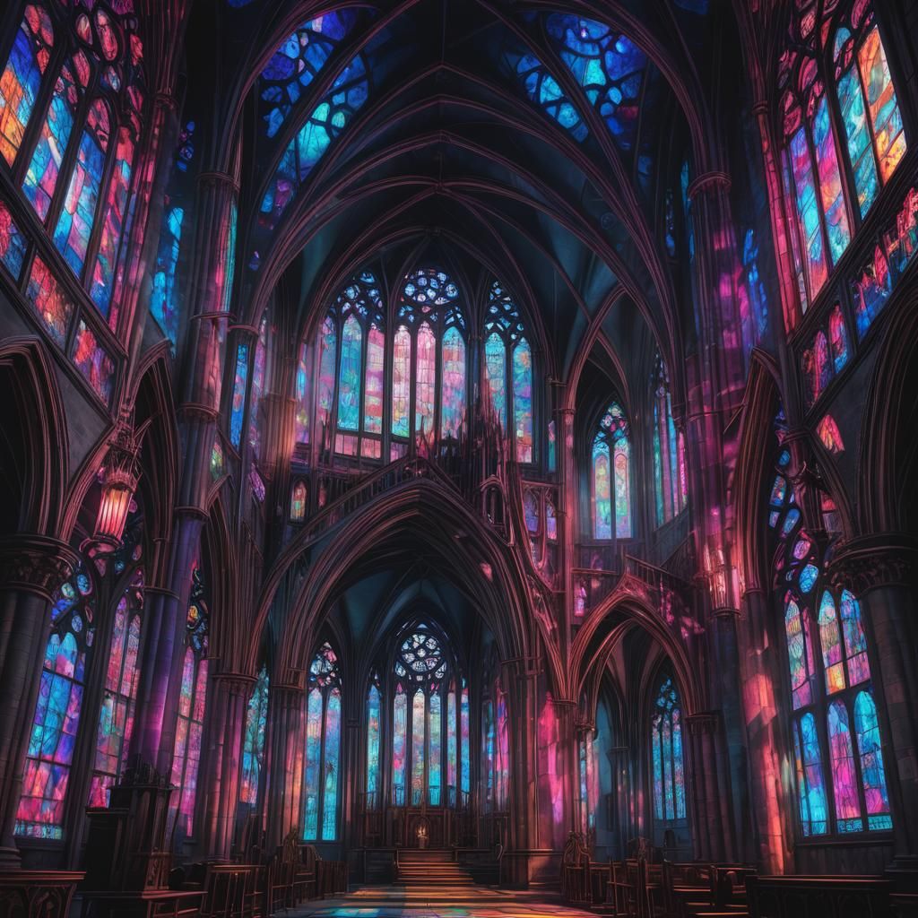 Neon Gothic Cathedral with Floating Ghosts
