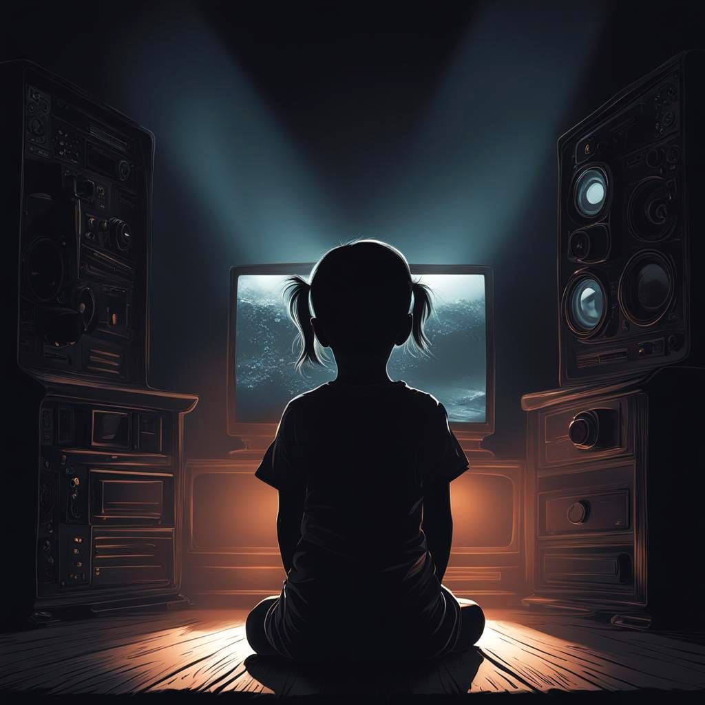 Infant Girl Silhouetted Watching TV in Dark Room