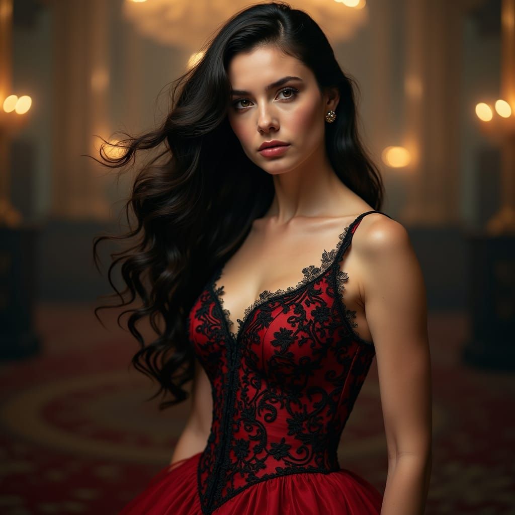 Elegant Woman in Crimson Gown: Surreal Realism