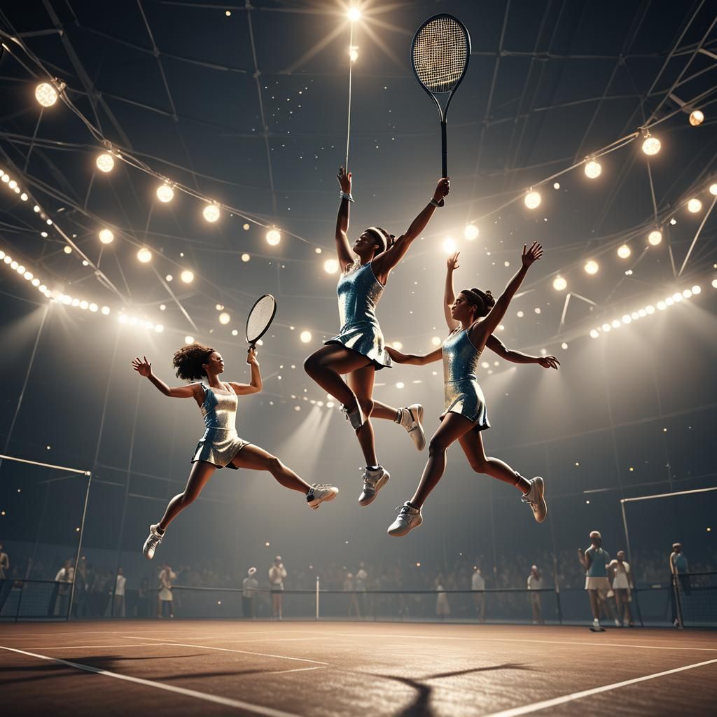 Hyperrealistic Acrobats Play Tennis on Flying Trapeze