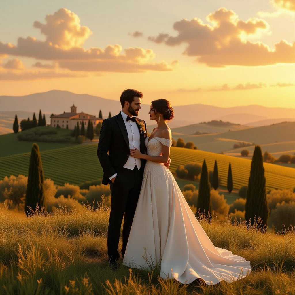 Italian Hillside Couple in Digital Matte Painting Style