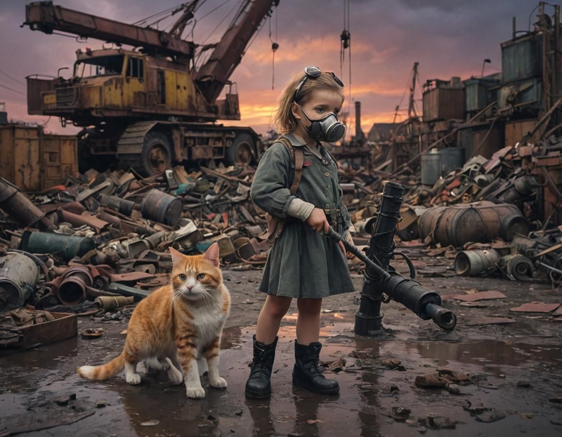 Dieselpunk Girl with Cat in Industrial Port