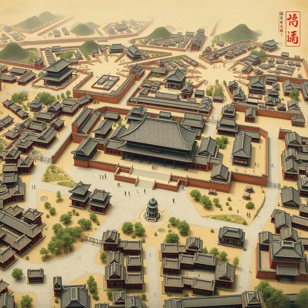 Ancient Chinese City with Walled Perimeter and Grid Layout