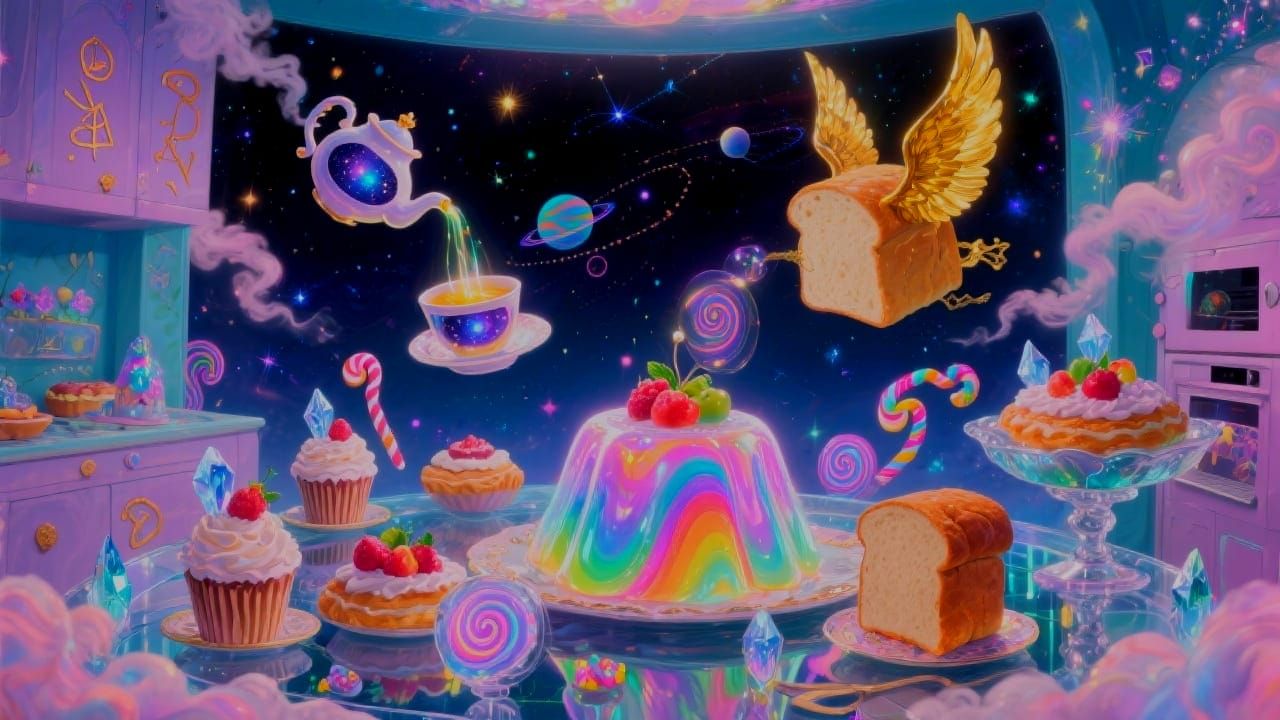 Whimsical Cosmic Kitchen Feast: Floating Pastries and Galaxy...