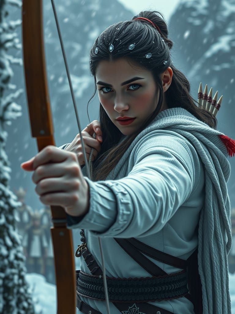 Curvy Warrior Woman in Snowy Forest, Hyperrealistic Style