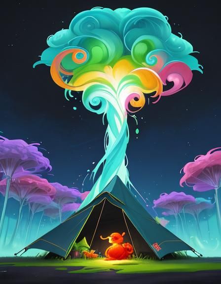 Orange Tabby Cat Roasting Fish, Watercolor Expressionism