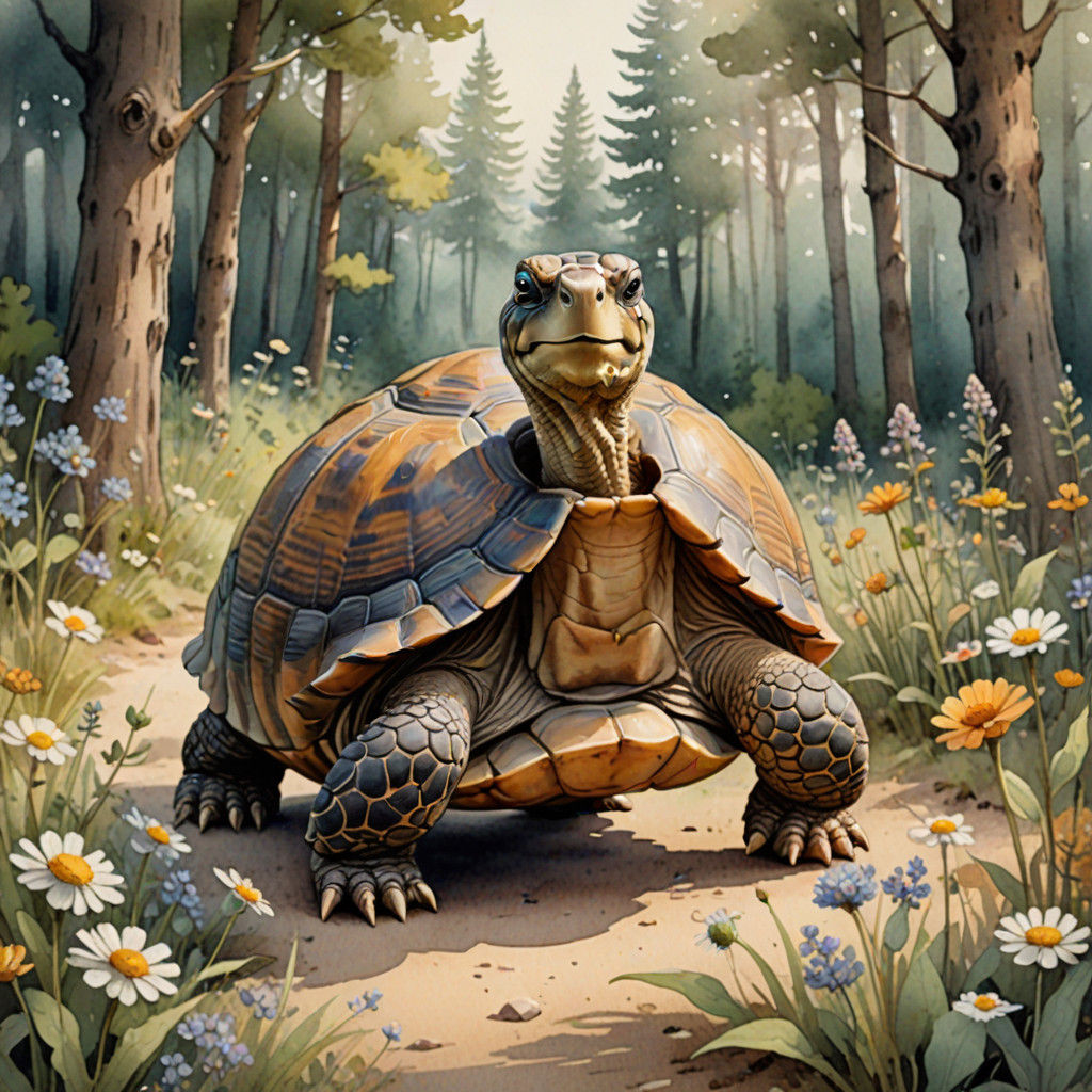 Wise Tortoise Offers Flowers to Hare in Dreamy Forest