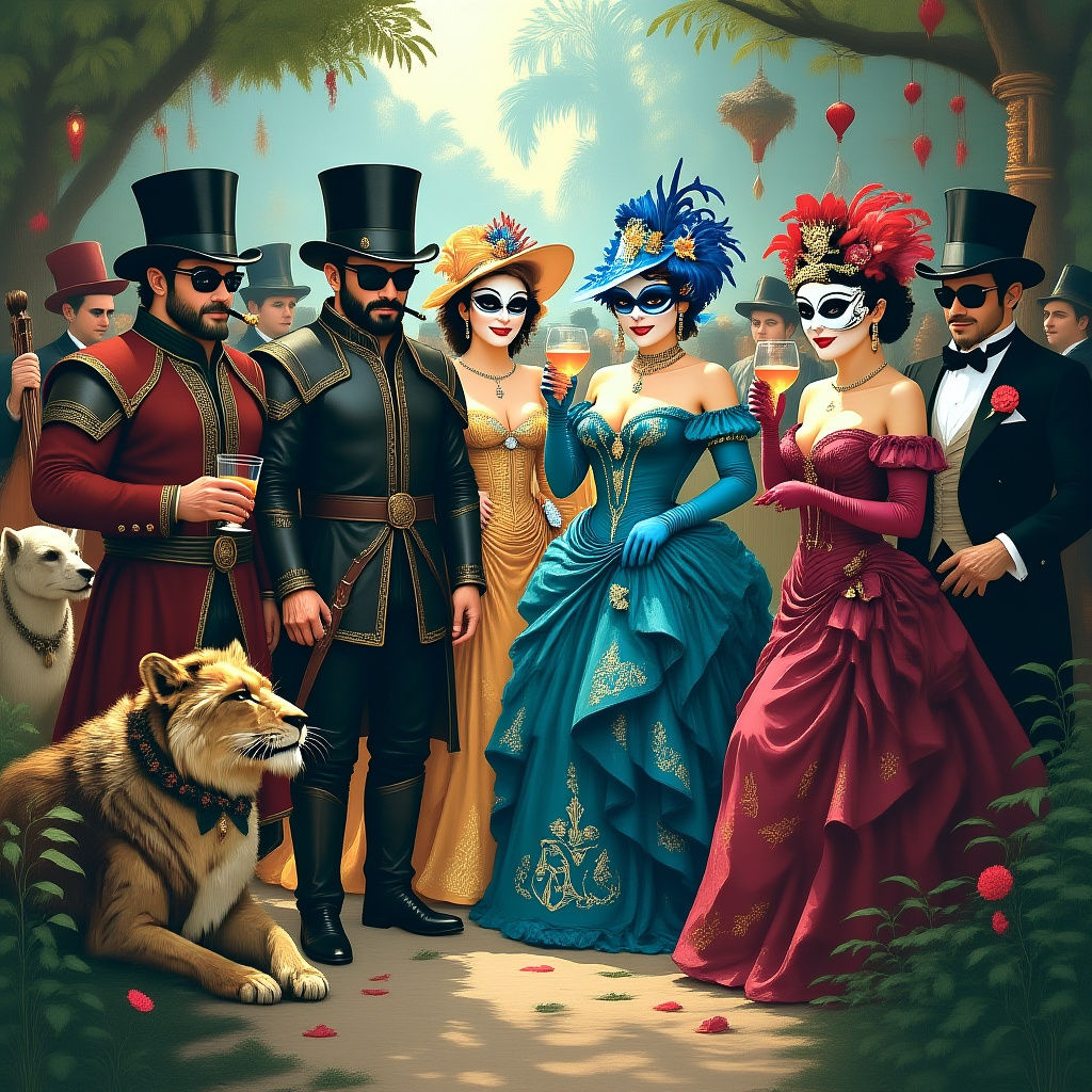 Ancient Carnival Scene with Masks and Musicians