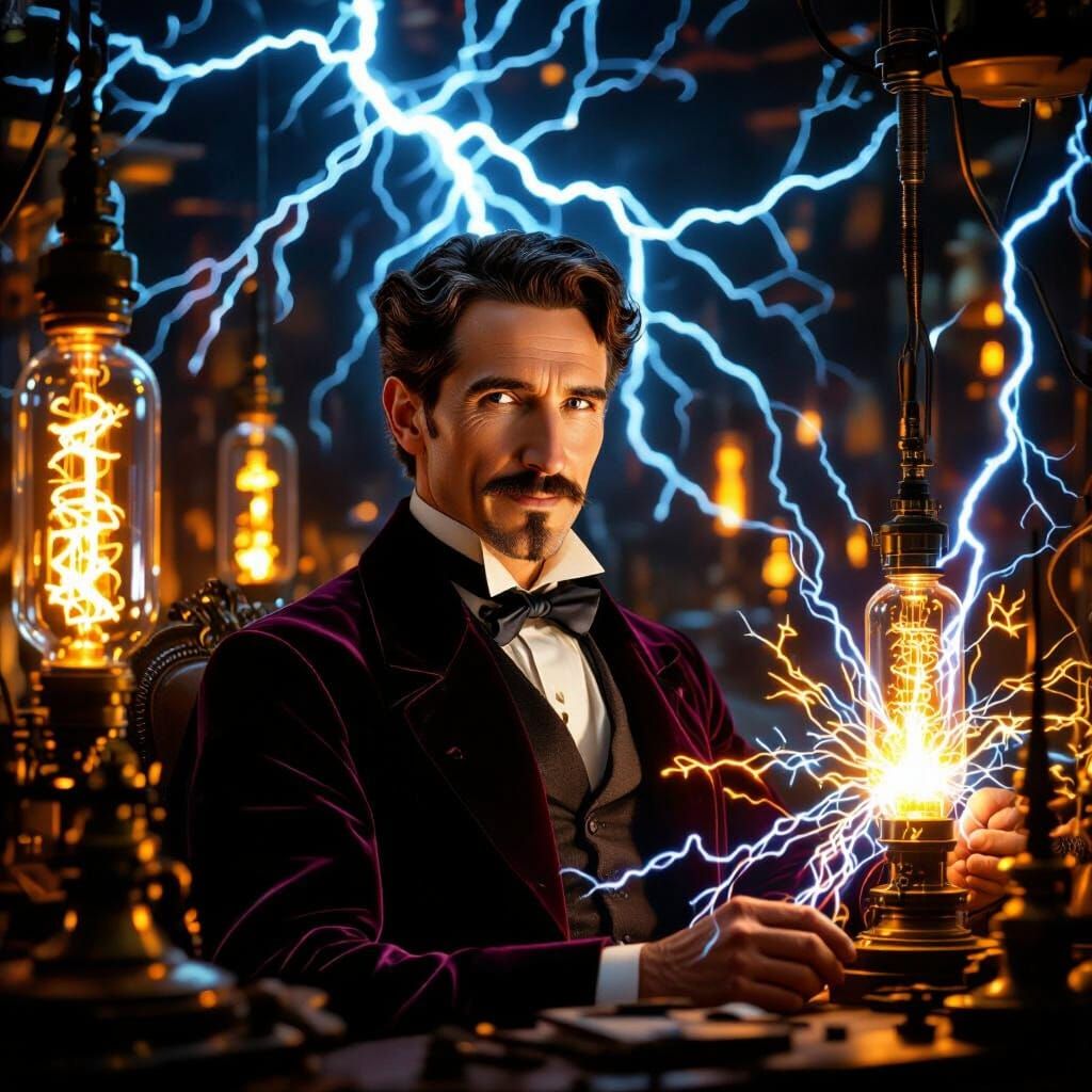 Nikola Tesla in His Lab, Surrounded by Electricity