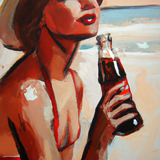 Woman in Bikini Drinking Coca-Cola on Beach