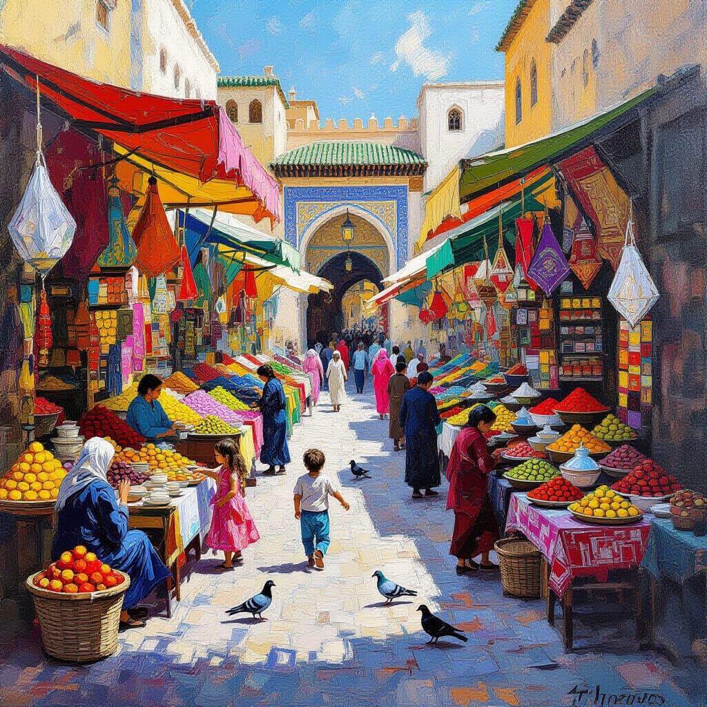 Vibrant Moroccan Marketplace Scene in Impasto Oil Painting S...