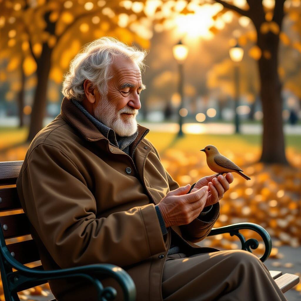 Elderly Man Feeds Wooden Bird on Park Bench in Soft Afternoo...
