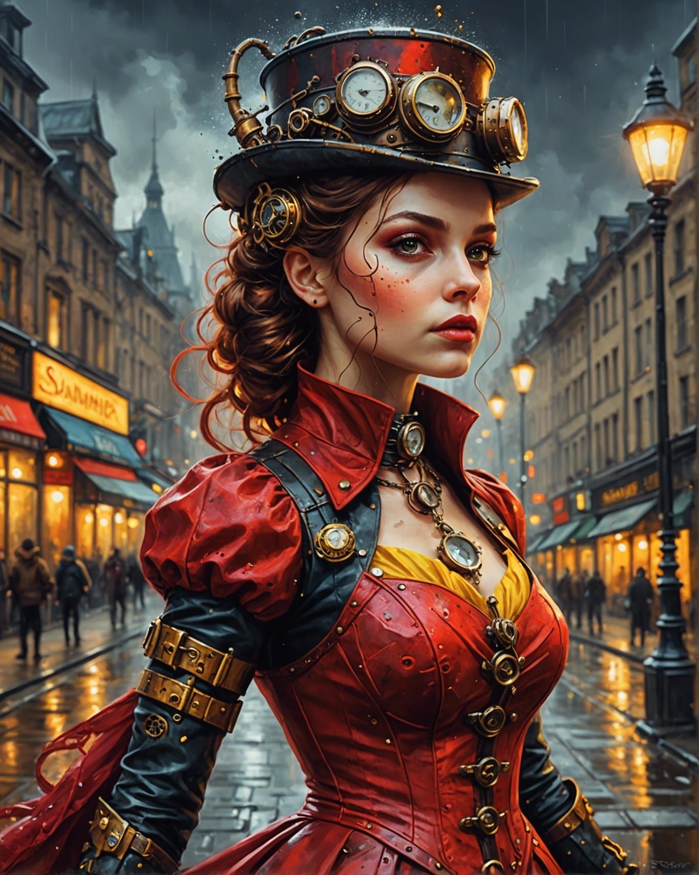 Steampunk Salamander in Red Dress, Oil on Canvas