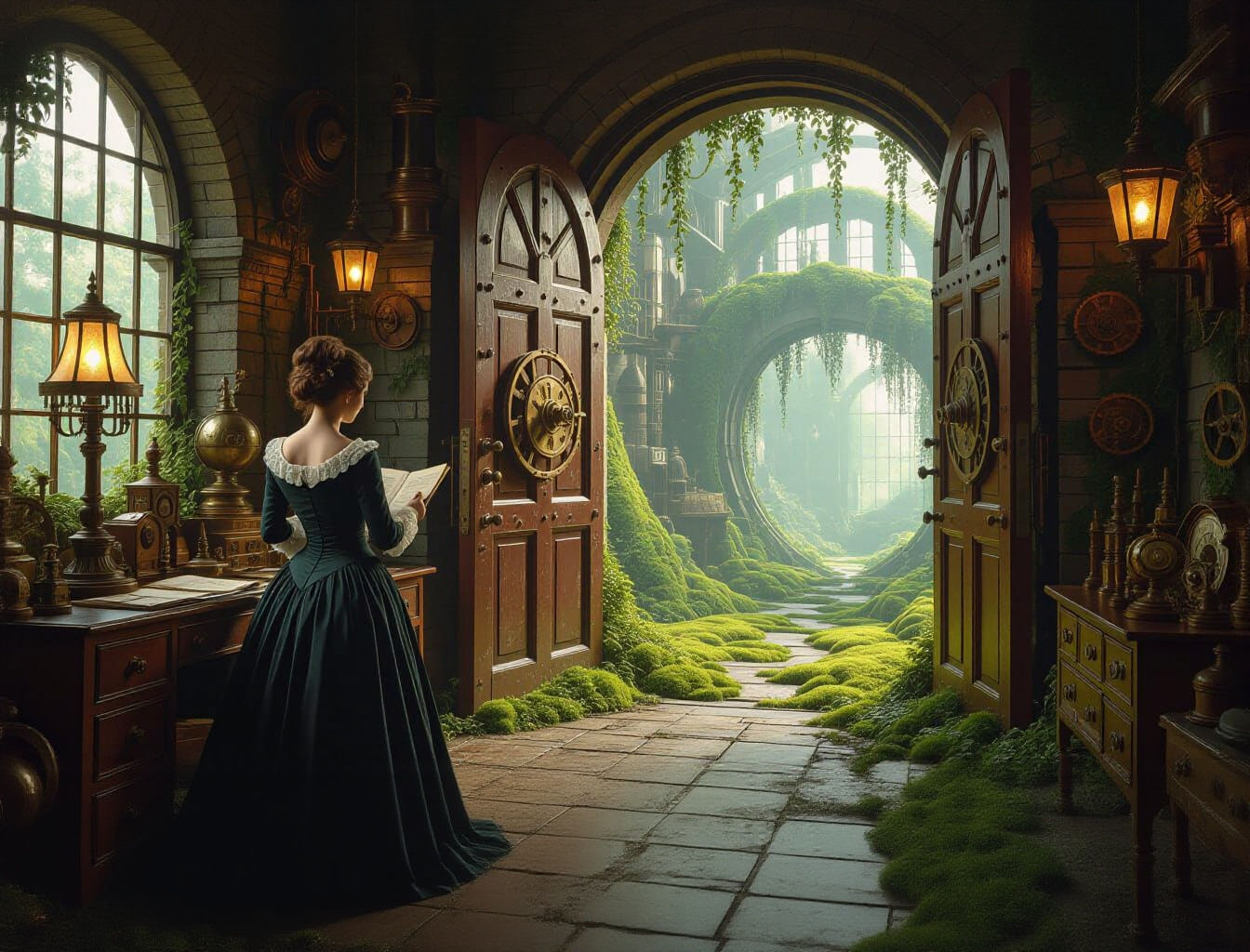 Steampunk Factory Woman with Forest View