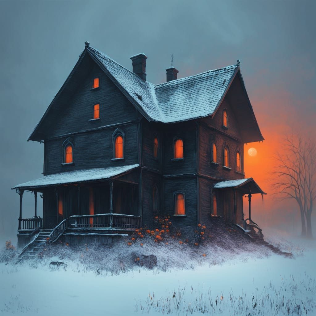 Ethereal Gothic Scene in Vibrant Orange and Dark Muted Color...