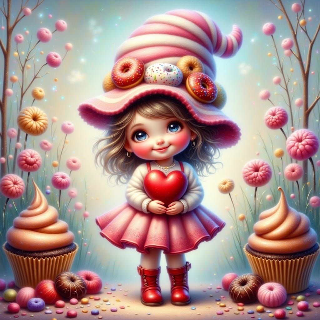 Sassy Girl in Cupcake Skirt with Cream Hat, Oil Painting