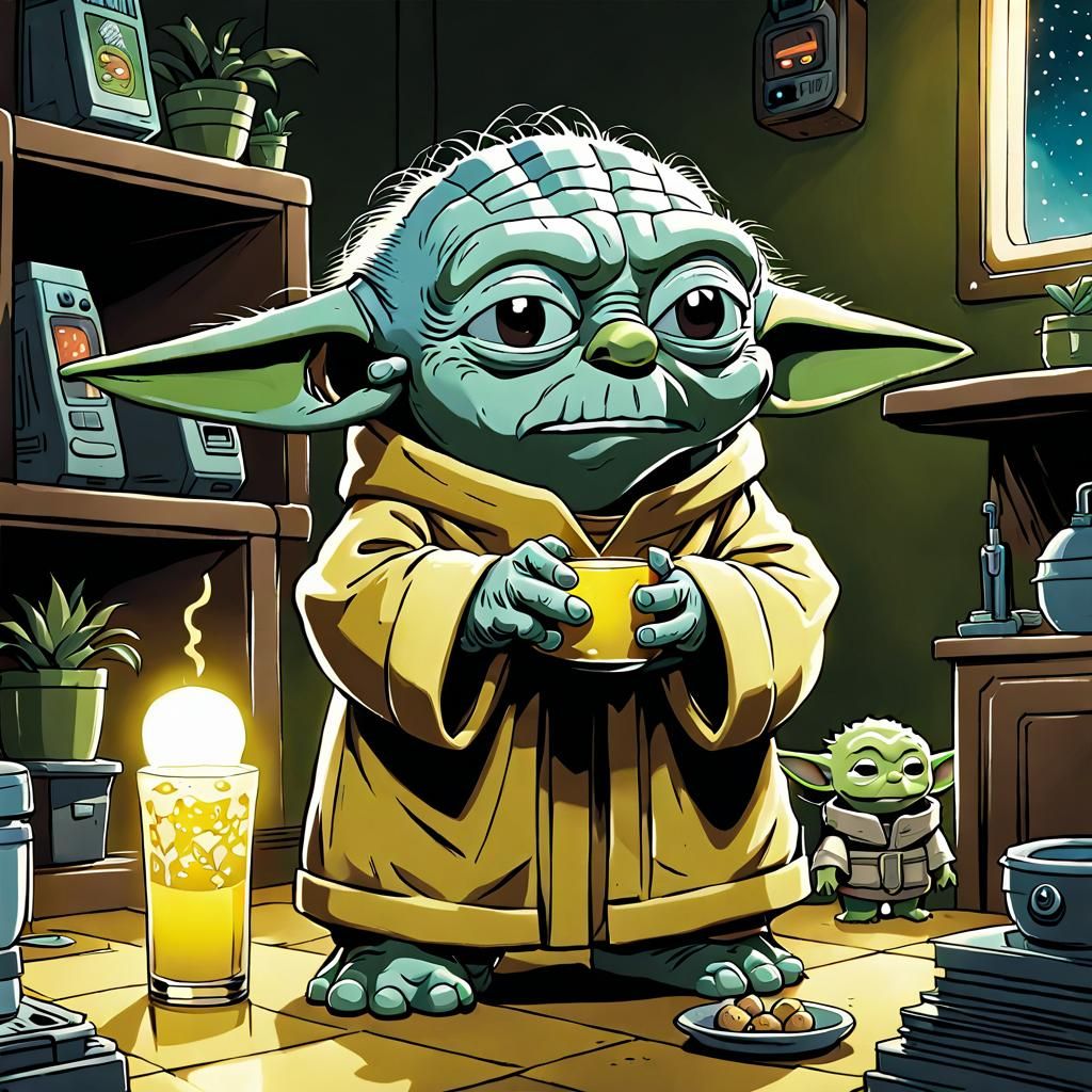 Homer Simpson as Baby Yoda in Comic Book Style
