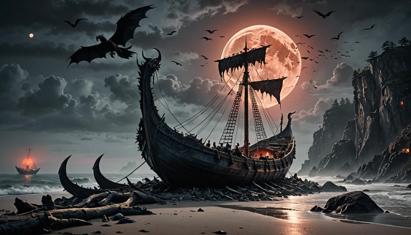 Viking Longboat Under Blood Moon: Hyper-Realistic Digital Ar...