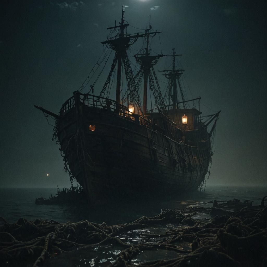 Abandoned Ghost Ship Adrift in Oceanic Darkness