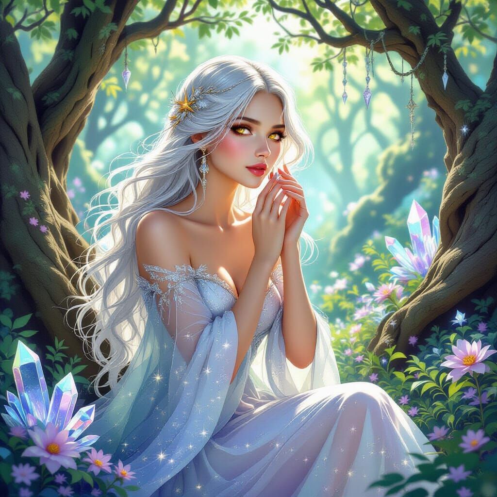 Ethereal Goddess in Bioluminescent Garden Art Nouveau Style