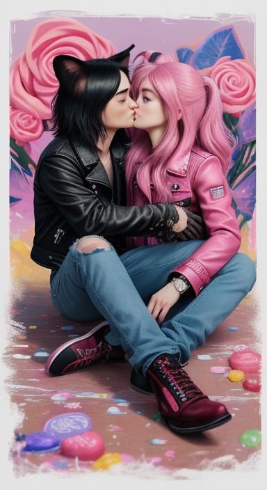 Cartoon Cats Kissing in Candyland Art Style