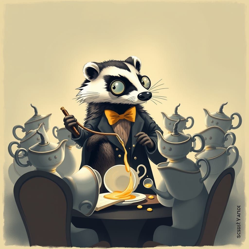 Art Deco Badger Conducts Chaotic Teacup Orchestra