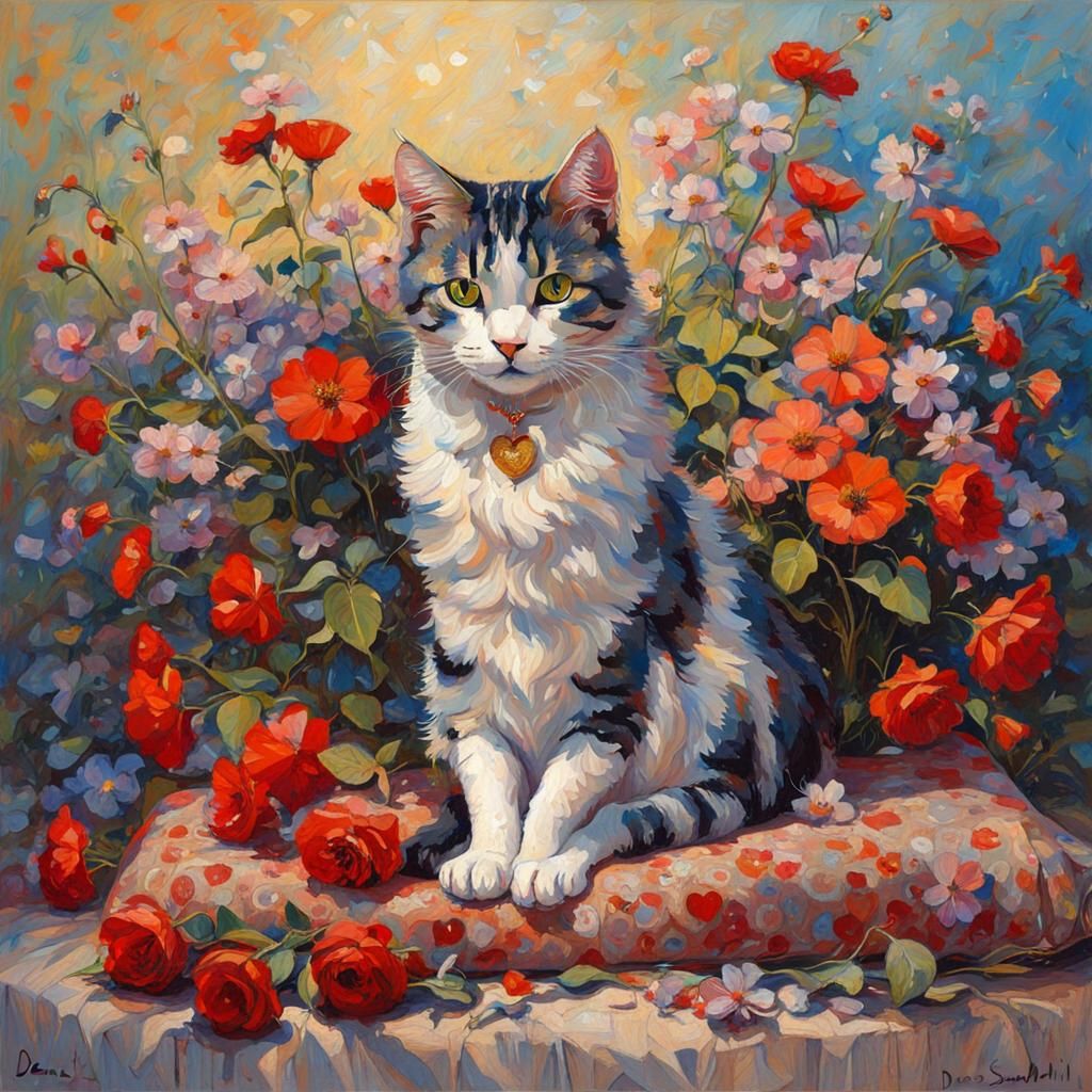Figurative Art of a Cute Cat Surrounded by Flowers